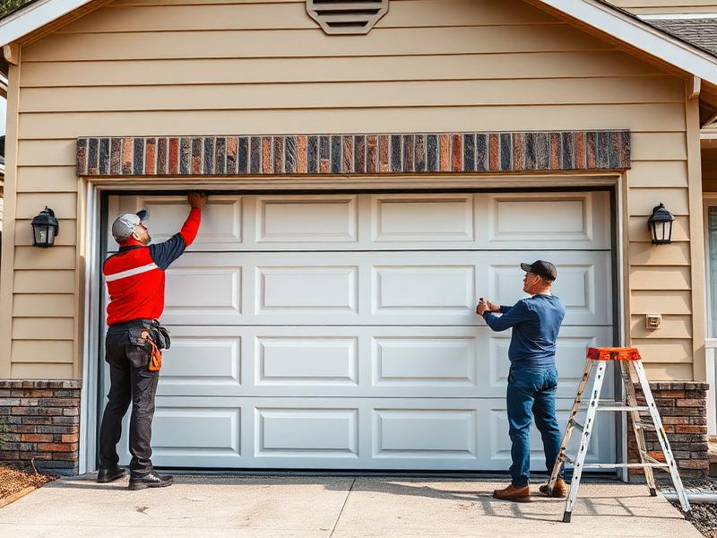 Professional crew installing new garage door on residential home