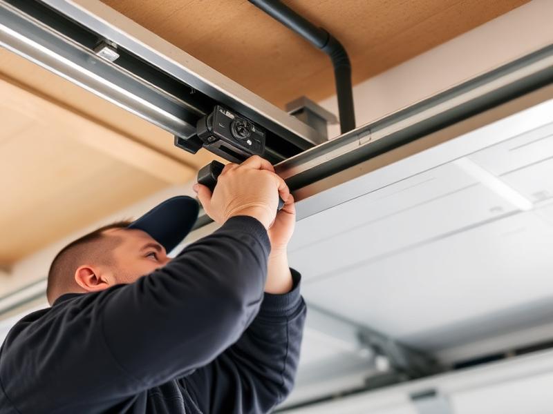 Technician adjusting garage door track alignment for proper operation