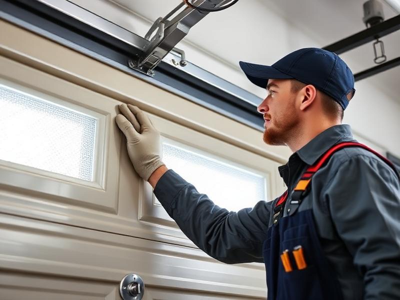 Professional garage door installation service showing new insulated door being installed