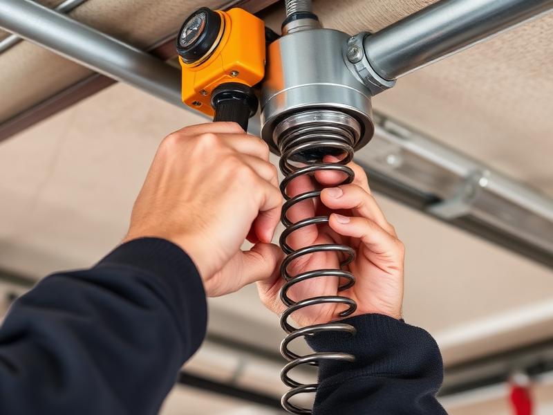 Technician repairing garage door springs and hardware