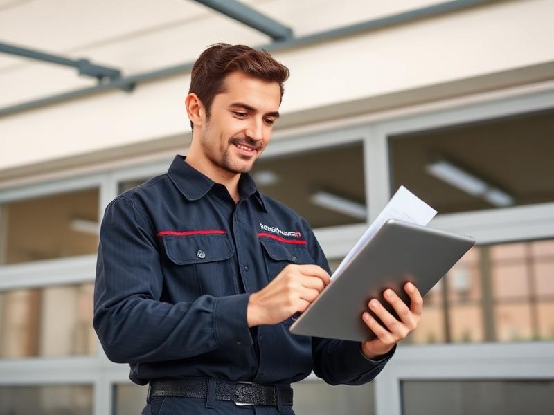 Professional garage door technician with tablet doing digital inspection